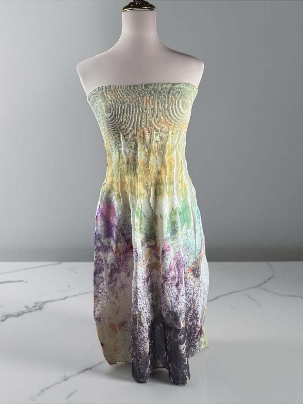 Lapis Strapless Pastel Watercolor Smocked Maxi Dress